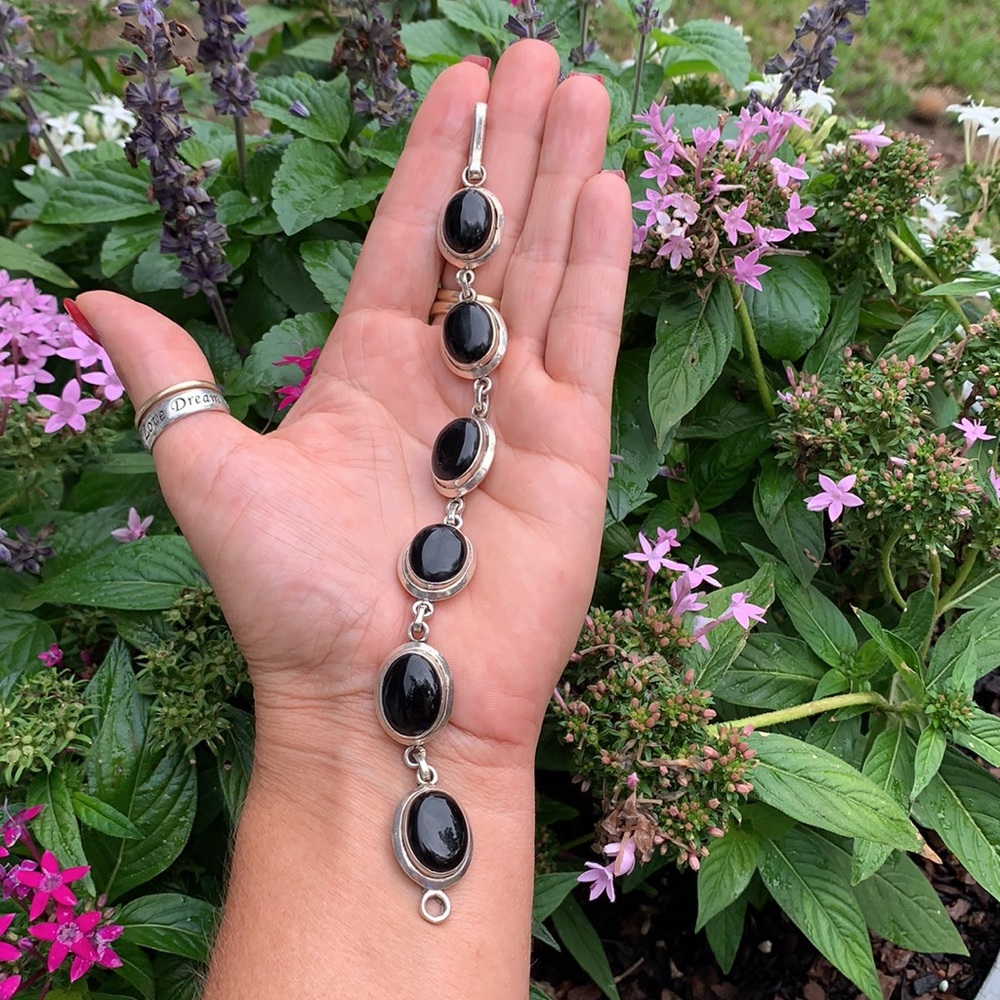 Vintage Heavy Sterling Silver Black Onyx Bracelet - Picture 3 of 17